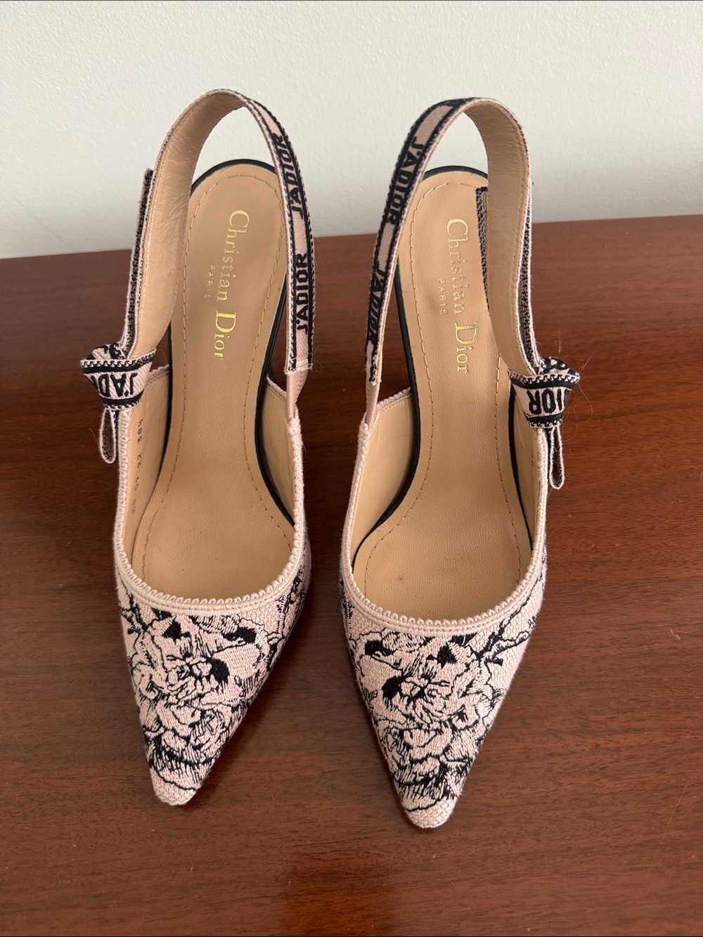 Dior Pink and Black Floral Embroidered Slingback Pumps